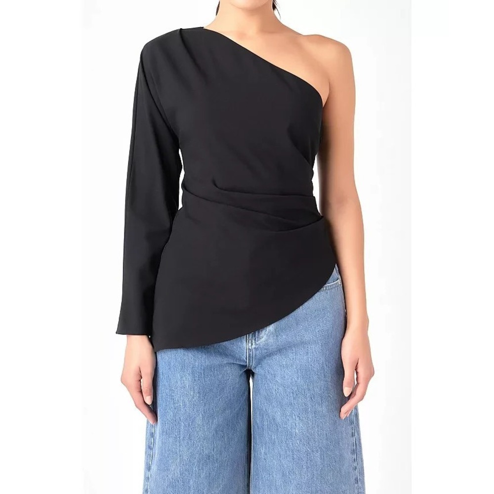 Grey Lab Women's Asymmetric One-Shoulder Long Sleeve Ruched Top Black Small NWT